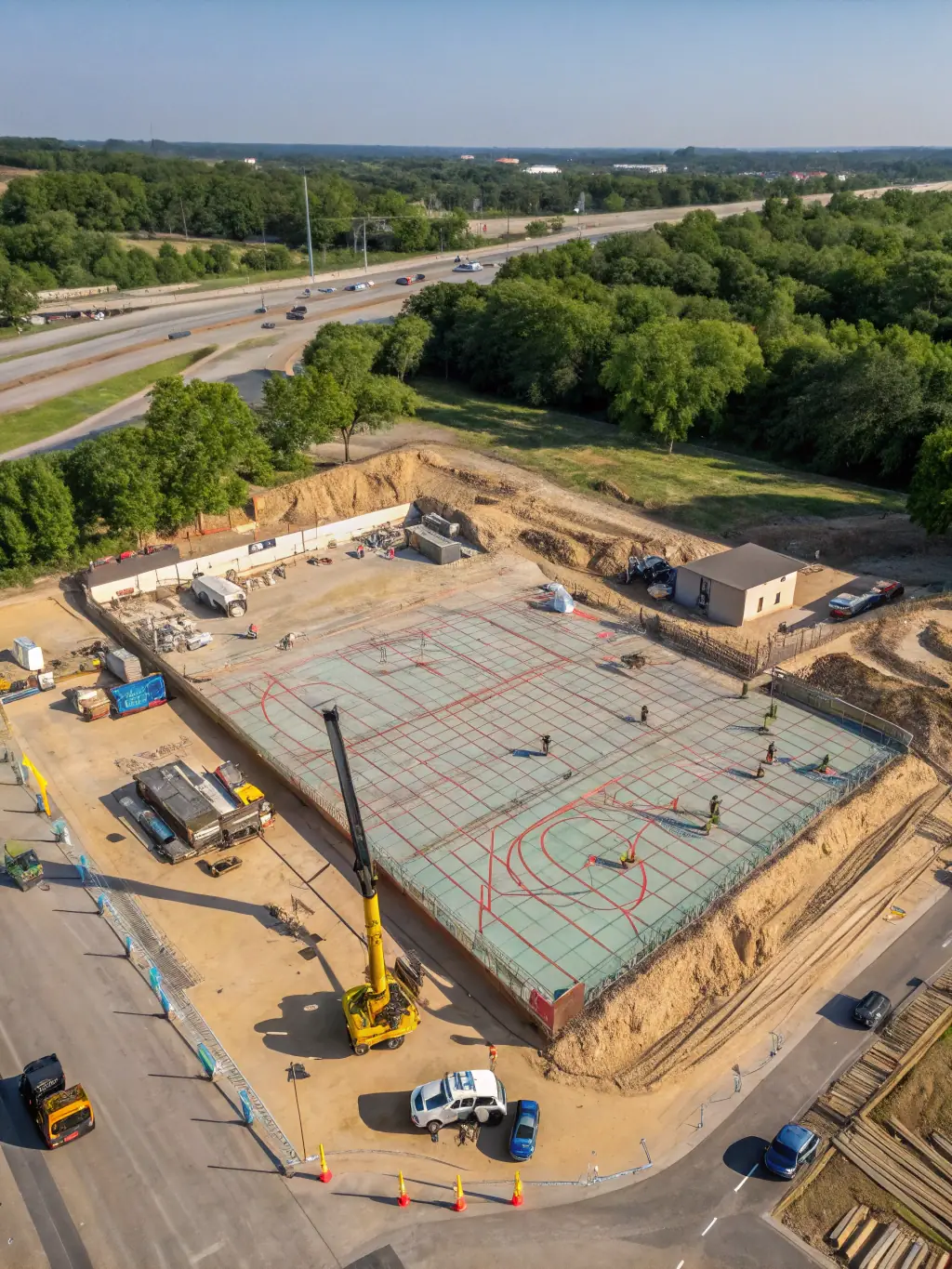 A construction site plan with staging and timeline overlays, illustrating efficient project scheduling and communication among stakeholders.